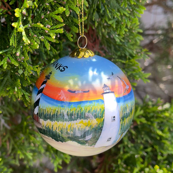 OUTER BANKS 5 LIGHTHOUSES PAINTED GLASS ORNAMENT