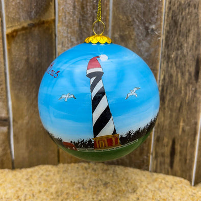 CAPE HATTERAS SANTA HAT LIGHTHOUSE PAINTED GLASS ORNAMENT