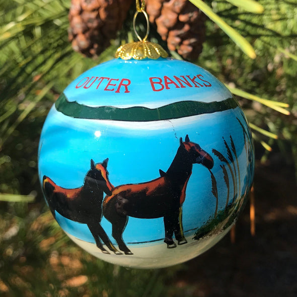 OUTER BANKS WILD HORSES PAINTED GLASS ORNAMENT