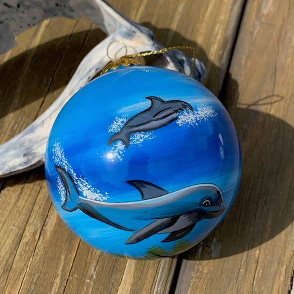 OUTER BANKS DOLPHIN PAINTED GLASS ORNAMENT