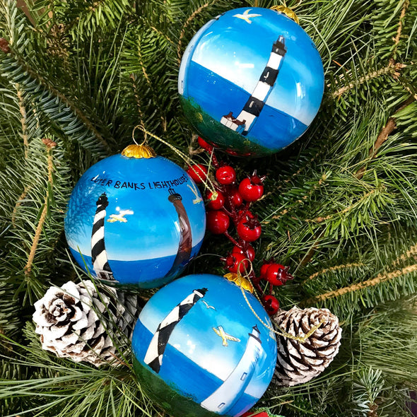 OUTER BANKS LIGHTHOUSES PAINTED GLASS ORNAMENT